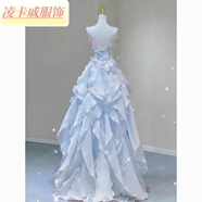 凌卡戚藍(lán)色公主裙宴會(huì)晚禮服2024新款荷葉邊戰(zhàn)裙生日小禮服女小眾主持人 主圖款 S