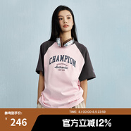 Champion【王俊凱同款】冠軍短袖插肩袖情侶款25夏季新款復(fù)古純棉T恤 粉色/灰色 L