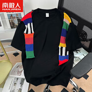 南極人（Nanjiren）設(shè)計感彩虹毛織拼接短袖t恤男夏季潮牌休閑半袖上衣寬松百搭體恤 黑色 S