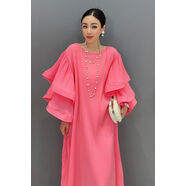 酷章（KUZHANG）酷章2024冬季新款女士百褶長(zhǎng)連衣裙圓領(lǐng)荷葉袖寬松時(shí)尚優(yōu)雅淑女裝 紅色 S