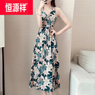 恒源祥2025夏新款網(wǎng)紅風(fēng)碎花印花吊帶連衣裙打底裙氣質(zhì)雪紡長裙沙灘裙女 綠色 XL 115-125斤