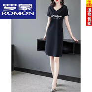 羅蒙（ROMON）夏季純棉大尺碼短袖A字連帽連衣裙女中長款休閑運動T·恤顯瘦裙子 【Vaintgae】黑色 XL