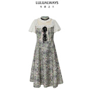 LULUALWAYS【商場同款】24夏季新款宮廷風(fēng)氣質(zhì)蕾絲拼接長款連衣裙 綠色 S