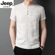 JEEP SPIRIT高端純亞麻短袖T恤男夏季薄款半袖中國風(fēng)休閑男裝麻料體恤衫新品 亞麻色 S 165