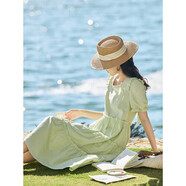 茵曼（INMAN）田園清新連衣裙夏季女氣質(zhì)A字泡泡袖蛋糕裙子 淺綠色 XL 