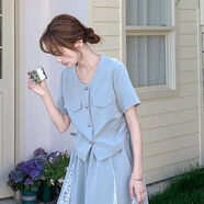 JPUZ法式森系清新甜美上衣拼接半身裙兩件套2025年夏裝一整套洋氣套裝 藍色上衣 【好貨優(yōu)選】 S 【建議85--95斤】