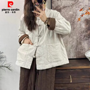 皮爾卡丹（pierre cardin）國風(fēng)棉麻復古夾棉棉衣女冬季唐裝盤(pán)扣短外套 麻本色 L 【115-130斤】