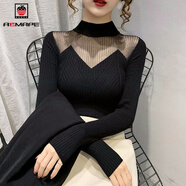 AEMAPE半高領(lǐng)鏤空網(wǎng)紗針織打底衫女秋冬新款韓版雕花蕾絲內(nèi)搭毛衣女上衣 黑色 3XL