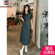 AEMAPE牛仔連衣裙女2025夏季新款小眾設計高級感氣質(zhì)港味復古長裙子女裝 MX-1-3201_復古藍 XL