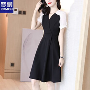 羅蒙（ROMON）連衣裙女夏季2025新款V領(lǐng)修身顯瘦裙子氣質(zhì)赫本風(fēng)雪紡拼接小黑裙 黑色 XL 118-130斤