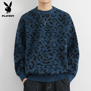 花花公子（PLAYBOY）2024男士圓領(lǐng)毛衣秋冬新款豹紋加厚針織衫美式潮牌寬松內(nèi)搭線衣服 星空藍(lán) M 120斤以內(nèi)
