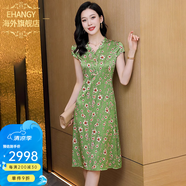 Ehangy國際大牌女裝高端輕奢新款連衣裙夏季桑蠶絲碎花修身顯瘦A字裙 綠色【高端禮盒】 2XL