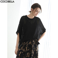 COCOBELLA鏤空提花微透視蝙蝠袖針織衫松弛感親膚罩衫TS3008B 黑色 S