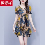 恒源祥韓版復古時(shí)尚連衣裙套裝女裝雪紡印花短褲夏季新款洋氣減齡兩件套 藍黃花 3XL 140-150斤