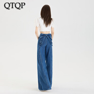 QTQP劉亦菲明星同款蝴蝶結牛仔褲女2026春季新款設計感高腰寬松闊腿褲 藍色 XL 【116-128斤】