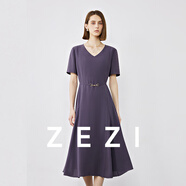 ZEZI2025年新款進(jìn)口三醋酸高檔連衣裙顯瘦中長款V領(lǐng)腰帶通勤短袖裙子 【伯樂裙】羅蘭紫 2XL （135-145斤）