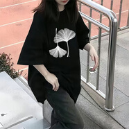 皮爾卡丹（pierre cardin）100純.棉短袖t恤女夏季新款大尺碼女裝韓版寬松ins中長(cháng)款上衣服潮 黑色【白銀杏葉子】短/袖 純.棉 L 建議110-130斤