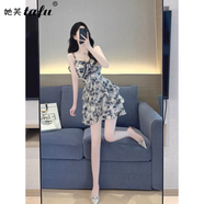 她芙（tafu）品牌女裝碎花吊帶連衣裙女2025夏季新款收腰顯瘦甜美荷葉邊雪紡裙 花色 S
