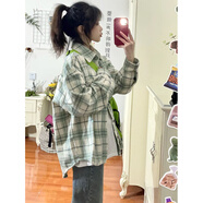 以純（YISHion）綠色防曬格子襯衫女春秋2025新款寬松外穿設(shè)計(jì)感小眾翻領(lǐng)上衣外套 綠色 S
