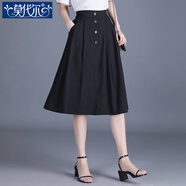 莫代爾顯瘦半身裙女中長裙百搭松緊腰裙子大擺裙2025春夏時尚裙子 黑色 XL 【110-125斤】