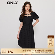 ONLY時尚短泡泡袖中長款雪紡連衣裙女|123107076 H1Z黑色 S (160) 80A
