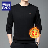 羅蒙（ROMON）純棉100新款圓領(lǐng)長袖t恤男士秋冬衛(wèi)衣套頭休閑柔順抗皺上衣打底衫 黑色【冬季款】 加絨加厚 XL (建議135-150斤)