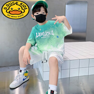 G.DUCKKIDS男童夏季純棉套裝2025新款兒童裝時髦洋氣個性短袖男孩夏裝衣服潮 綠色套裝 130 cm