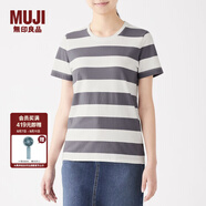 無(wú)印良品 MUJI 女式 印度棉天竺編織 圓領(lǐng)短袖T恤 中灰色X橫條 M