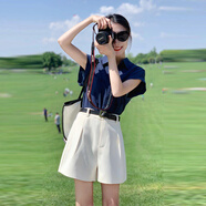 BMOI夏季韓系簡約通勤時髦兩件套女2025新款百搭短袖襯衫高腰寬松短褲 兩件套/藍色襯衫+白色短褲 M 建議85-100斤
