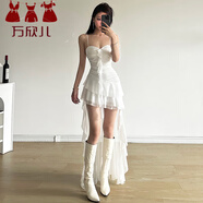 萬(wàn)欣兒純欲辣妹設計感荷葉邊拼接氣質(zhì)吊帶連衣裙顯瘦修身時(shí)尚不規則短裙 白色 均碼