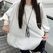 GOCHIEI2025年夏季女裝明星同款休閑寬松泡泡袖短袖褶皺下擺T恤+灰色短褲 淺花灰T恤 S