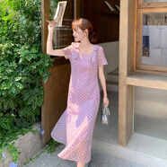 SZEL2025夏裝新款后媽裙時(shí)尚氣質(zhì)顯瘦碎花連衣裙顯瘦氣質(zhì)百搭魚尾裙女 連衣裙 粉紫色連衣裙 2XL 【建議140-160斤e