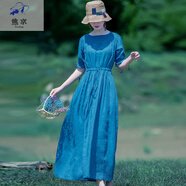 蕉京素訂女女裝收腰系帶苧麻A字長(cháng)裙寬松顯瘦棉麻短袖連衣裙薄 藍色 M 【95-115斤】