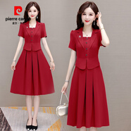 皮爾卡丹（pierre cardin）品牌撿漏輕奢連衣裙女士2025年夏季新款收腰顯瘦媽媽短袖中長(cháng)裙子 紅色 M (90-100斤)