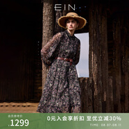 EIN言浪漫碎花印花蕾絲翻領(lǐng)長(zhǎng)燈籠袖文藝雪紡連衣裙2025夏季新款 石墨黑 M