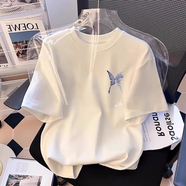 一寸相思白色純棉正肩短袖t恤女半袖夏季新款爆款簡(jiǎn)約設(shè)計(jì)感上衣寬松體恤 白色-蝴蝶戀花 XL (110-125斤）