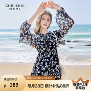 秋水伊人復(fù)古優(yōu)雅碎花連衣裙春季新款木耳邊立領(lǐng)長袖雪紡裙 花料 M