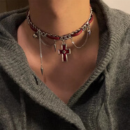 自由說(shuō)暗黑紅十字架超短頸鏈男小眾y2k亞文化皮質(zhì)choker鏈條纏繞女項圈 紅十字架項鏈