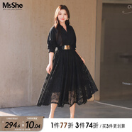 MsShe【法式V領(lǐng)可拆腰帶松緊腰蕾絲連衣裙】大碼女裝2025春裝胖mm 黑色25年8月10日到貨 2XL