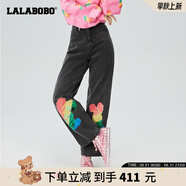 拉拉波波設(shè)計師潮牌春季新款彩虹兔時尚休閑直筒高腰牛仔褲女LBBD-WXZC19 黑牛仔 25