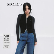 MO&Co.針織衫開(kāi)衫機(jī)車風(fēng)插肩袖雙開(kāi)頭拉鏈刺繡短款修身上衣摩安珂 黑色-第1批 XS 155