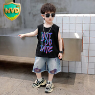 WVD男童夏裝無袖套裝2025新款痞帥兒童韓版背心運(yùn)動(dòng)男孩夏季牛仔短褲 黑色 90 cm 【建議身高85cm左右】