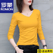 羅蒙（ROMON）v領(lǐng)純棉夏季新款韓版t恤女長袖ins潮白色t體恤衫洋氣小眾時尚上衣 官方旗艦姜黃色-無圖 S (建議75-85斤)