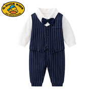 G.DUCKKIDS周歲禮服男寶寶春秋嬰兒西裝抓周禮服男童紳士生日套裝白天連體衣 藍(lán)虛條MJ單口袋假兩件M 【領(lǐng)結(jié)可 59cm XS