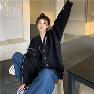 冠軍閃電（CHIONPEAN）美國重磅賣(mài)萌慵懶風(fēng)毛衣開(kāi)衫外套女秋冬季設計感小眾中長(cháng)款針織衫 黑色現貨 M