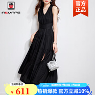 AEMAPE2025夏季流行單品時(shí)尚輕熟優(yōu)雅大氣長(zhǎng)裙子女神范開(kāi)叉赫本風(fēng)連衣裙 宴會(huì)黑 M