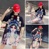 夏典素訂女王（SE.PSTP）網(wǎng)眼冰絲怪味中長(cháng)款短袖t恤上衣夏季新品個(gè)性印花寬松大碼連衣裙 京劇黑色美女 L 建議100-120斤