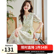 熙世界sllsky綠色碎花連衣裙女2025夏季新款法式氣質(zhì)溫柔風(fēng)雪紡裙子 綠色花2（小V領(lǐng)款） S
