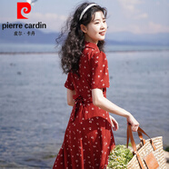 皮爾卡丹（pierre cardin）新款海邊度假法式復(fù)古紅色碎花領(lǐng)港風(fēng)連衣裙長(zhǎng)裙子女夏季小個(gè)子 復(fù)古紅 2XL 建議130-140斤