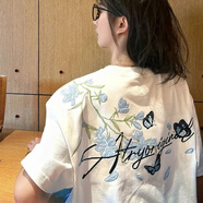 安初夏國(guó)潮蝴蝶新款短袖t恤男女夏季新款寬松情侶裝刺繡花卉衣服潮 白色【純棉刺繡】 L 建議110斤-120斤